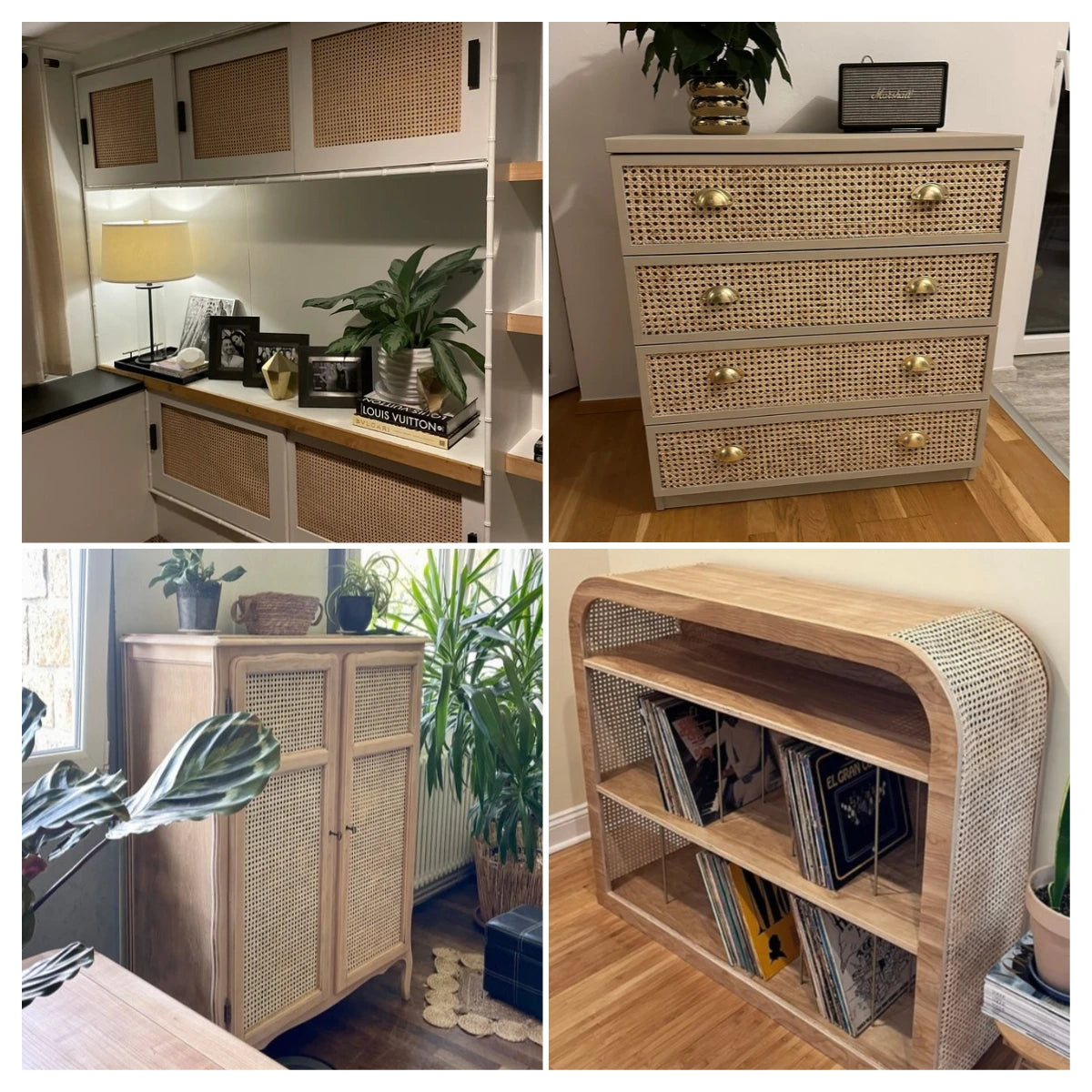 Collage of wooden furniture pieces with rattan webbing including cabinets, drawers, and a shelf.