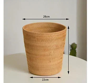 Woven basket with dimensions on a plain background