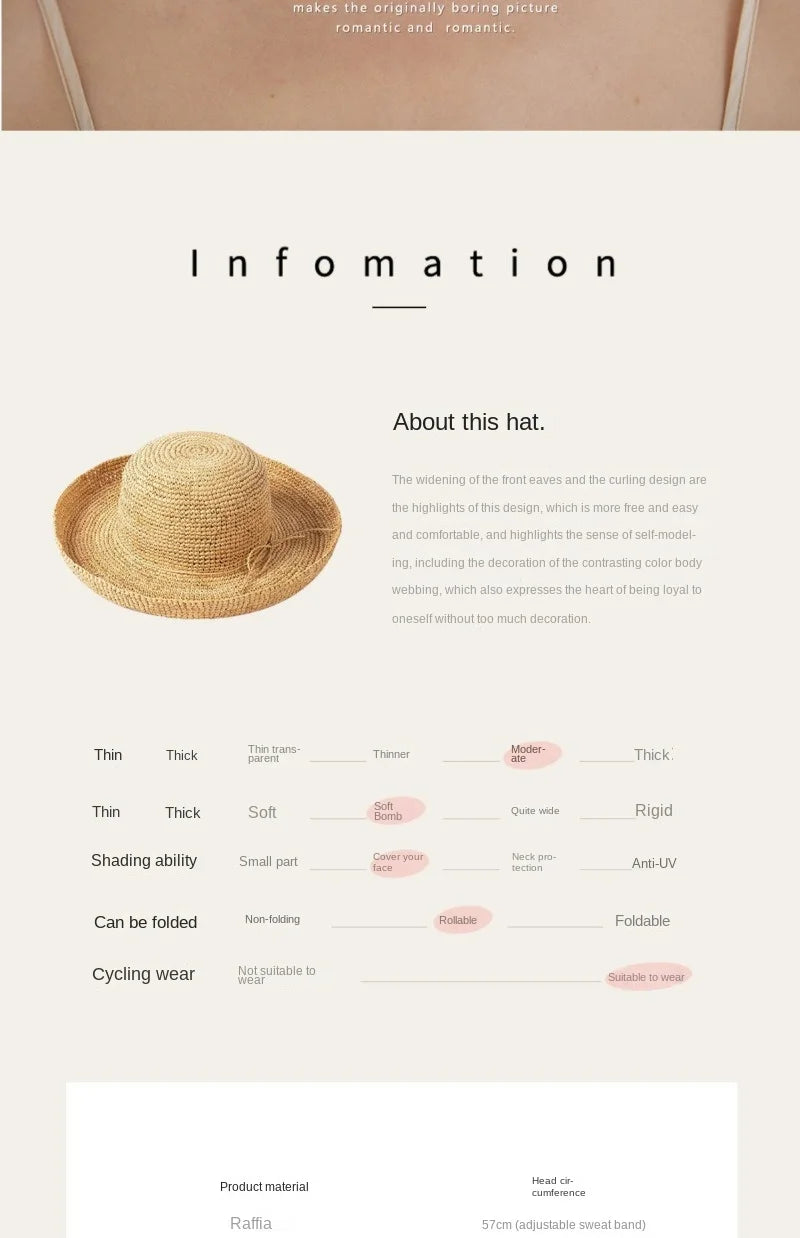 Woven hat displayed on a white background with product information text.
