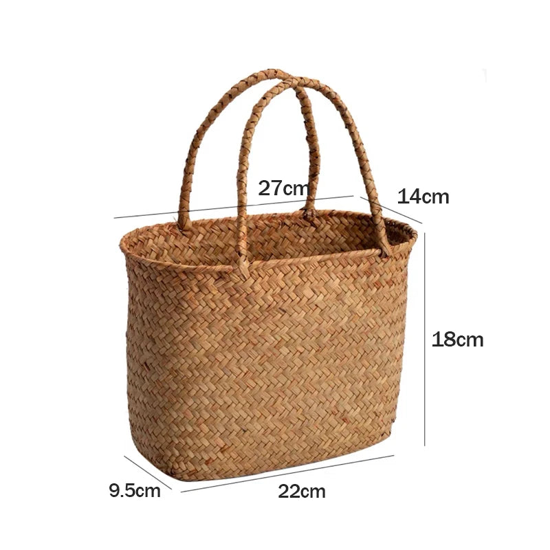 Woven basket with dimensions labeled on a white background