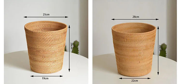 Two wicker trash cans with measurements on a white background