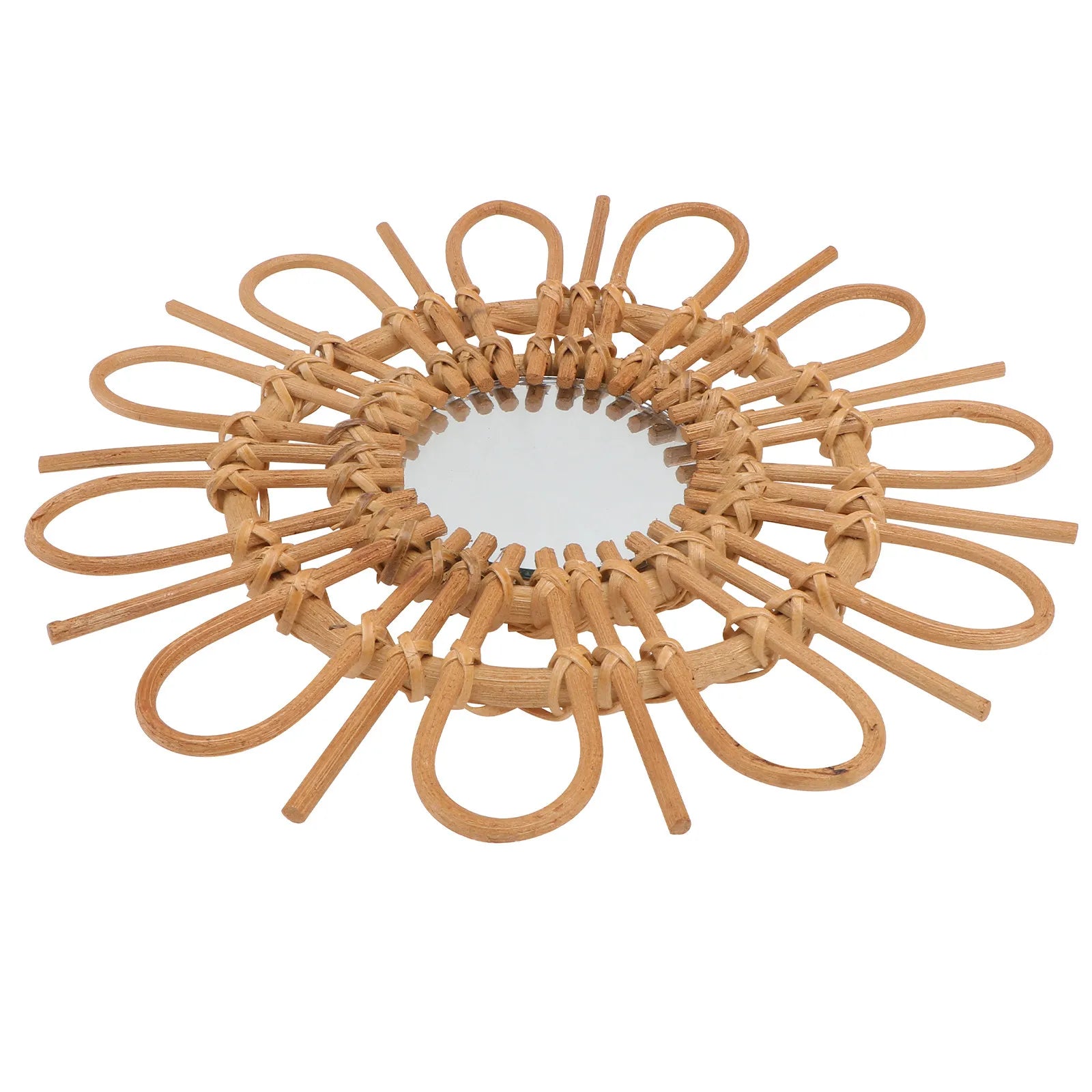 Woven rattan mirror on a white background