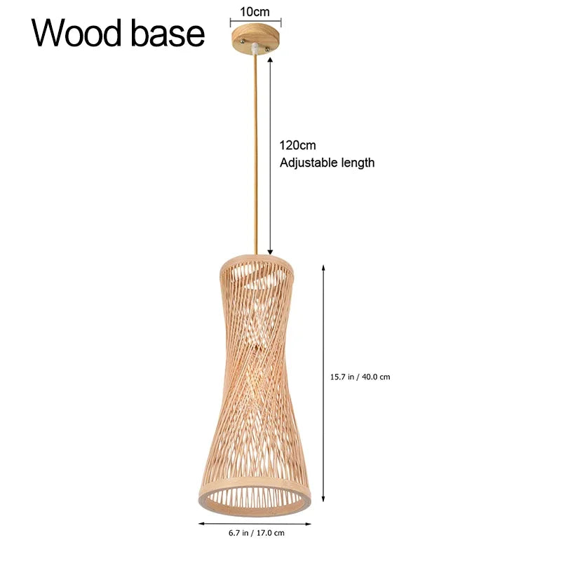 Wicker pendant light with dimensions on a white background