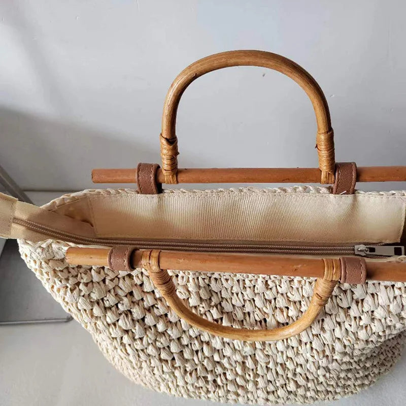 Woven handbag with wooden handles on a light background