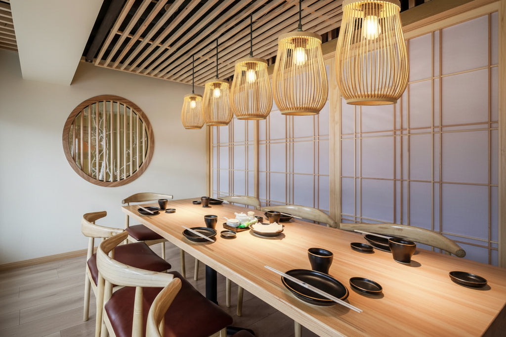 Dining area with wooden table and chairs, modern pendant lights, and a decorative wall.