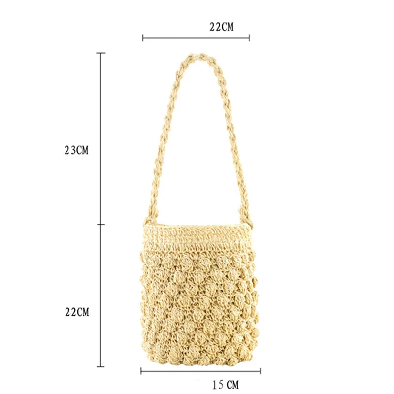 Beige woven handbag with measurements on a white background. DIMENSION SIZE BUCKET BAG STRAW HANDMADE