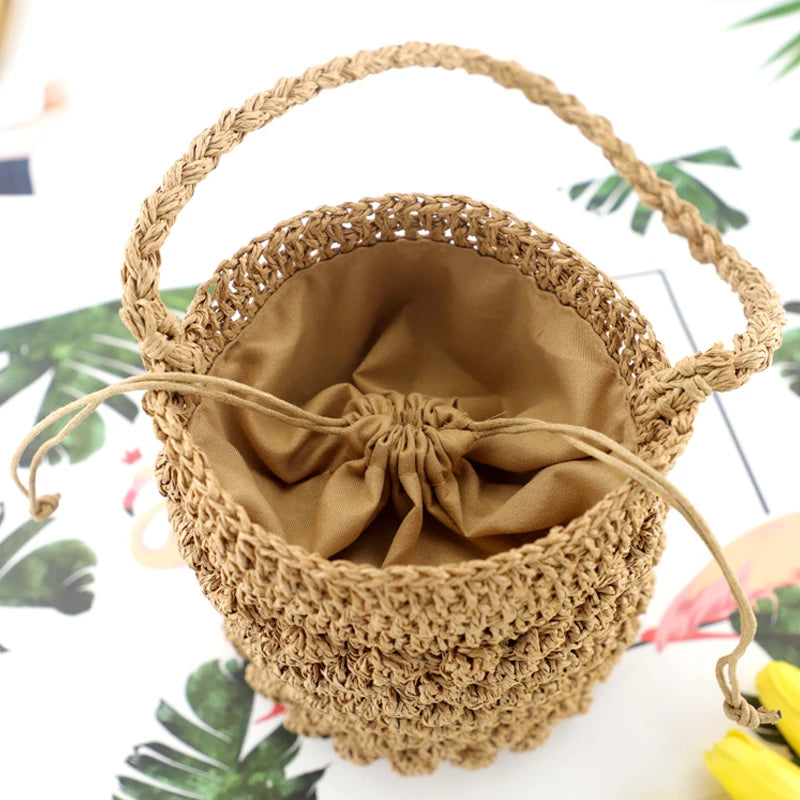 Woven basket with drawstring lid on a white background